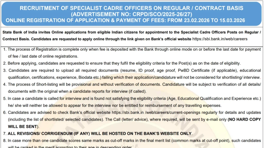 SBI Bank Specialist Cadre Officers (SCO) Recruitment 2026 Notification Released & Apply Online for 116 Various Posts