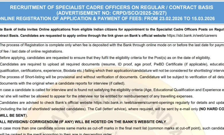 SBI Bank Specialist Cadre Officers (SCO) Recruitment 2026 Notification Released & Apply Online for 116 Various Posts