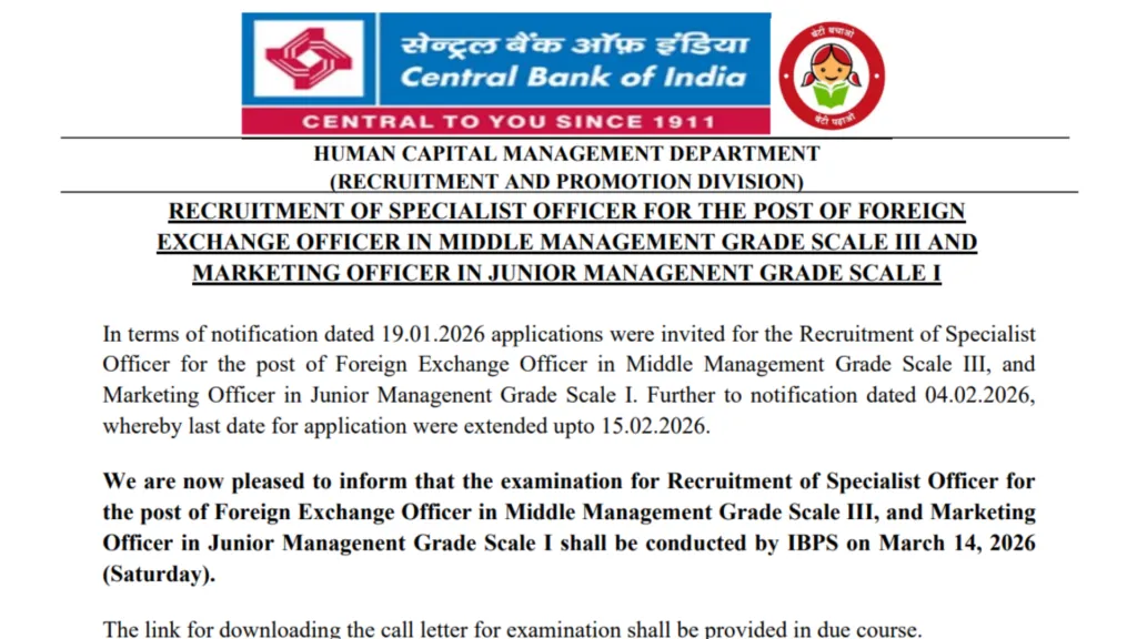 Central Bank of India Marketing & Foreign Exchange Officer (350 Posts) Exam Date & Admit Card 2026 Released, Check Now