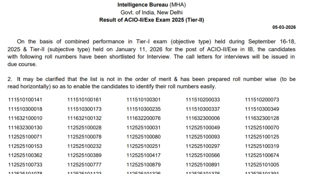IB ACIO Gr-II / Executive (3717 Posts) Result 2025 Released, Download PDF