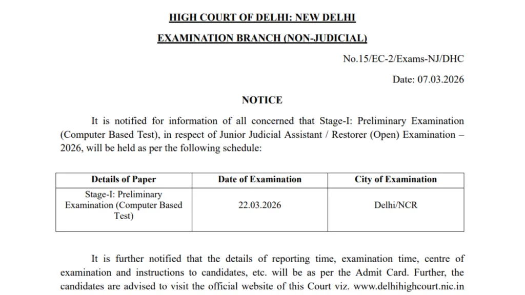Delhi High Court Junior Judicial Assistant (JJA-152 Posts) Exam Date & Admit Card 2026 Released, Check Now