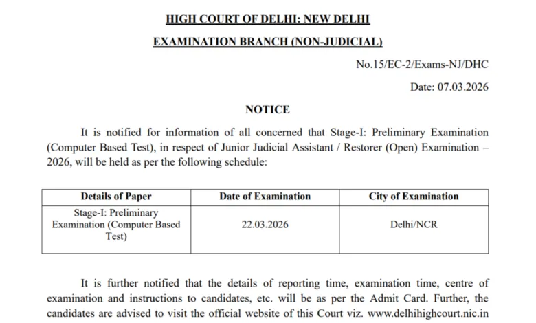 Delhi High Court Junior Judicial Assistant (JJA-152 Posts) Exam Date & Admit Card 2026 Released, Check Now