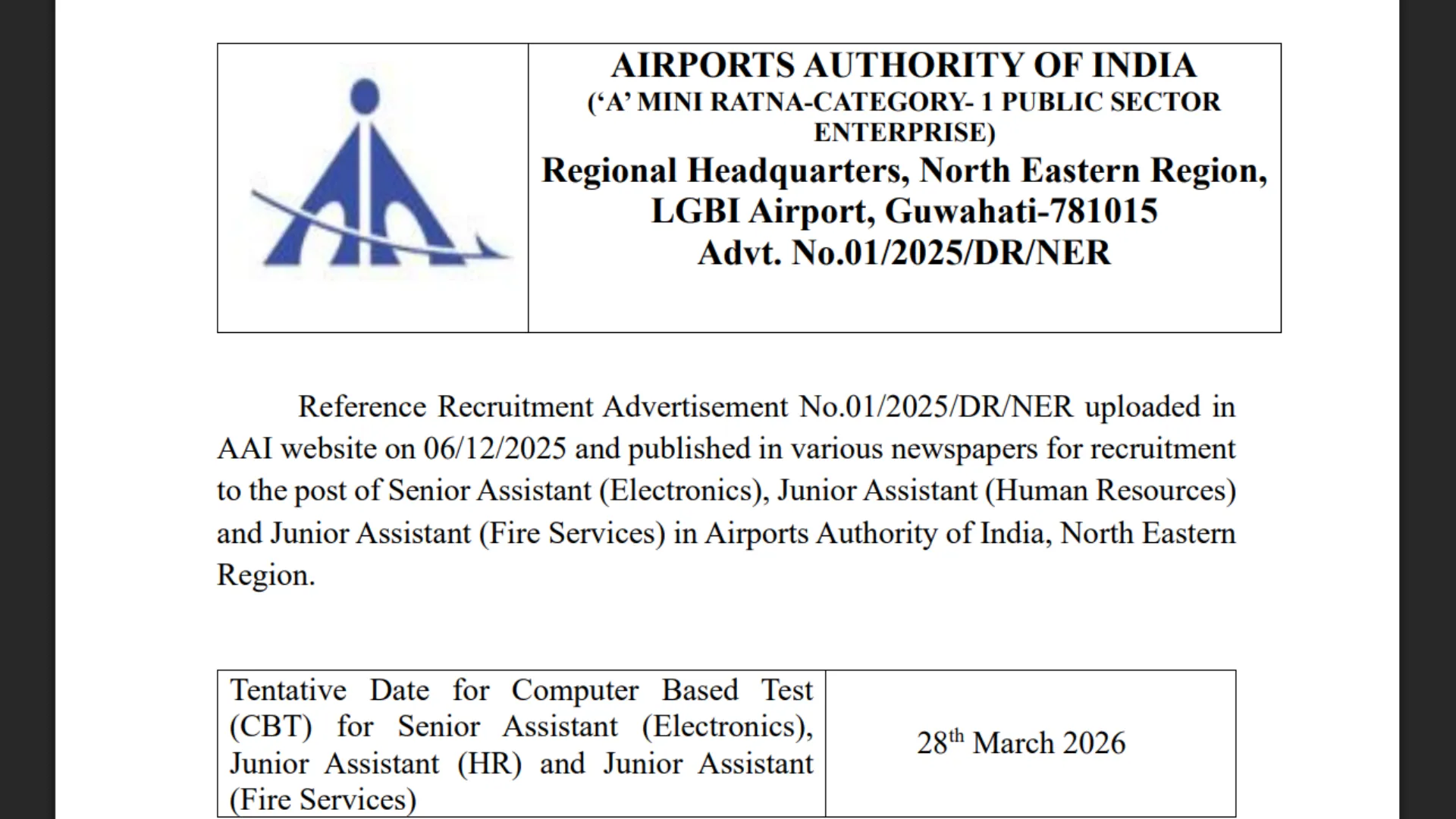 AAI NER Non Executive (Junior & Senior Assistant) Exam Date & Admit ...