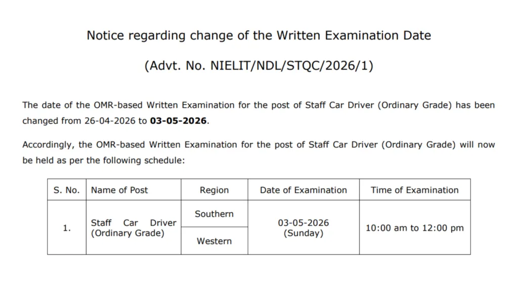 NIELIT Delhi Staff Car Driver Exam Date & Admit Card 2026 Released, Check Now