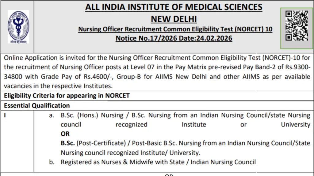 AIIMS NORCET 10th (Nursing Officer) Recruitment 2026 Notification Released & Apply Online for 2551 Posts