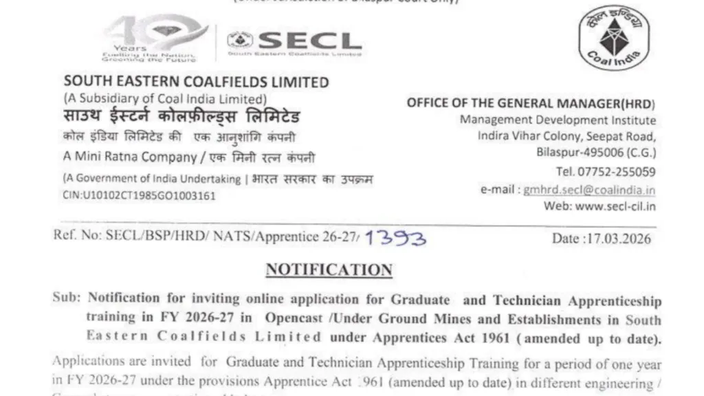 SECL Apprentice Recruitment 2026 Notification Released & Apply Online for 1600 Graduate & Technician Posts