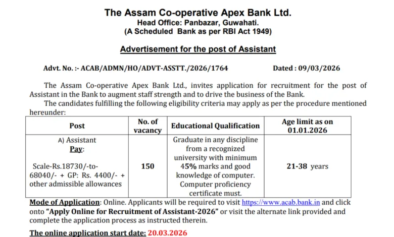 Assam Cooperative Apex Bank Assistant Recruitment 2026 Notification Released & Apply Online 150 Posts