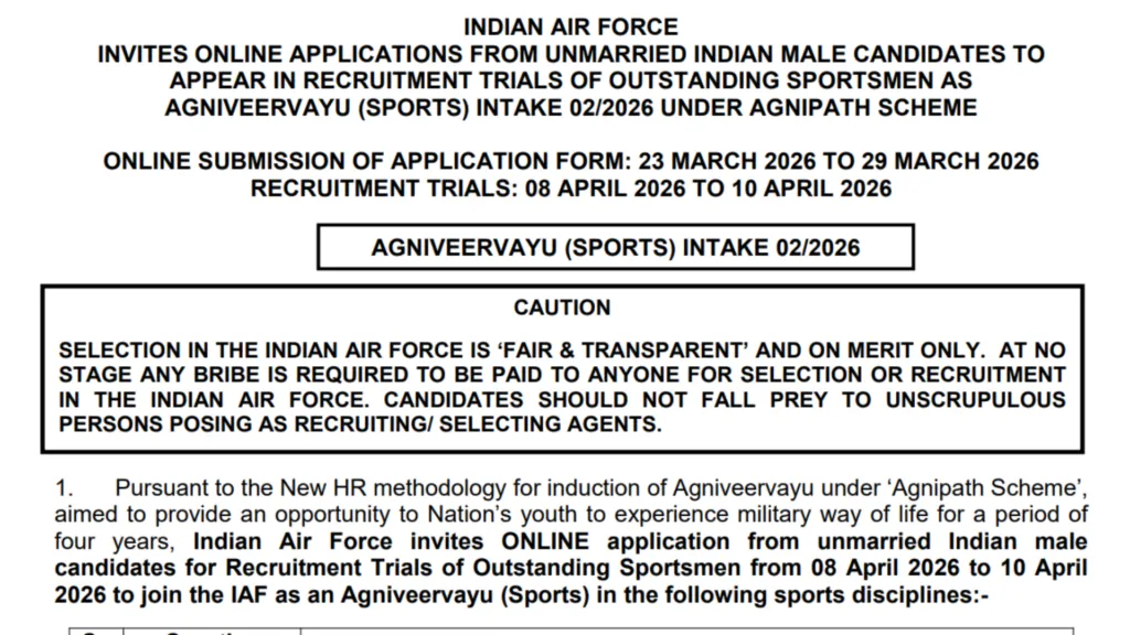 Indian Air Force Agniveer (Sports) Intake 02/2026 Notification Released & Apply Online