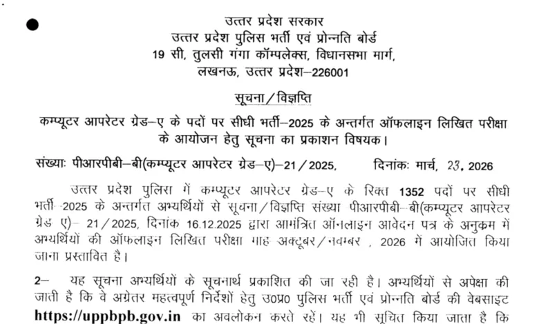 UP Police Computer Operator Grade-A (1352 Posts) Exam Date & Admit Card 2026 Released, Check Now