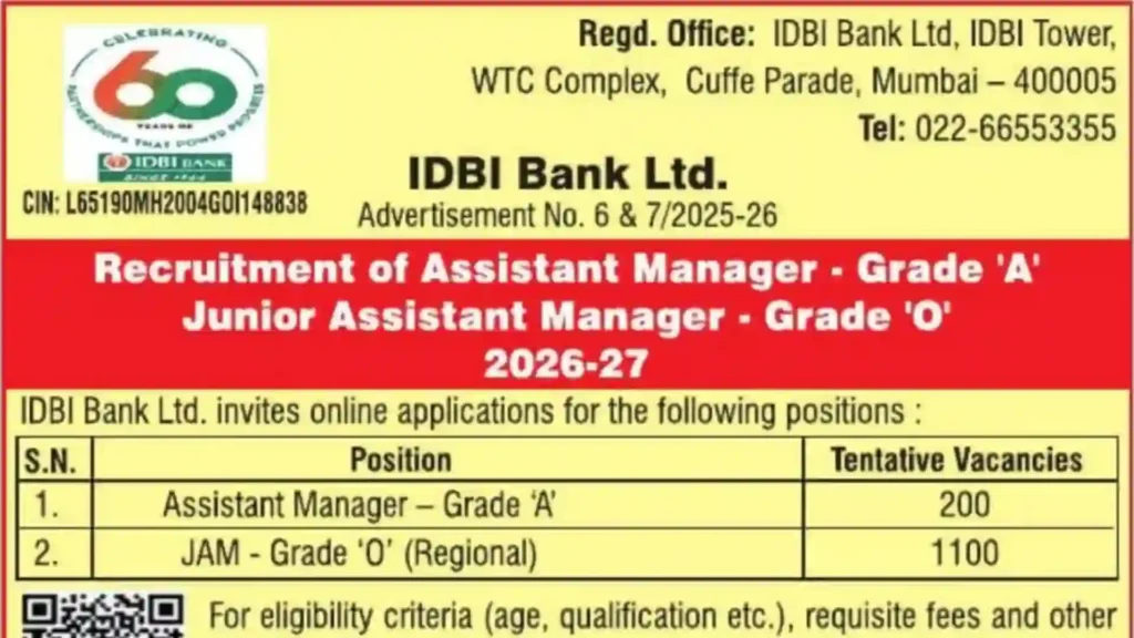 IDBI Bank Assistant Manager & JAM Recruitment 2026 Notification Released for 1300 Posts, Apply Online