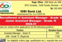 IDBI Bank Assistant Manager & JAM Recruitment 2026 Notification Released for 1300 Posts, Apply Online