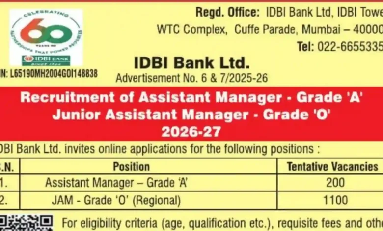IDBI Bank Assistant Manager & JAM Recruitment 2026 Notification Released for 1300 Posts, Apply Online