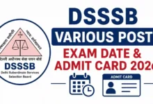 Delhi DSSSB Various Post Exam Date & Admit Card 2026 Released, Check Now
