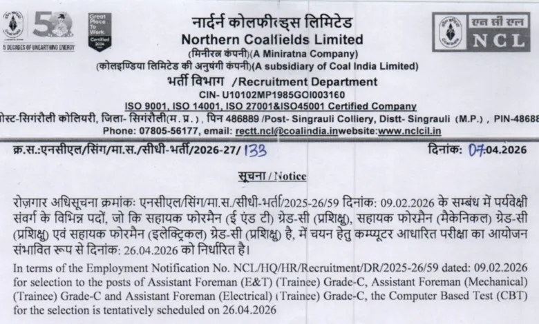 NCL Assistant Foreman (270 Posts) Exam Date & Admit Card 2026 Released, Check Now