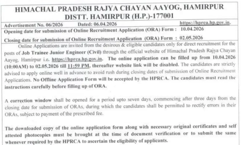 HPRCA Junior Engineer (Civil) Recruitment 2026 Notification Released & Apply Online for 149 Posts