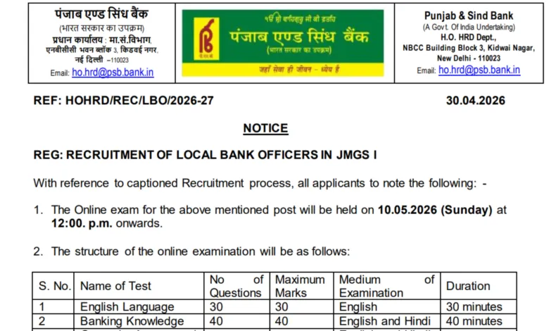 Punjab and Sind Bank Local Bank Officer (1000 Posts) Exam Date & Admit Card 2026 Released, Check Now