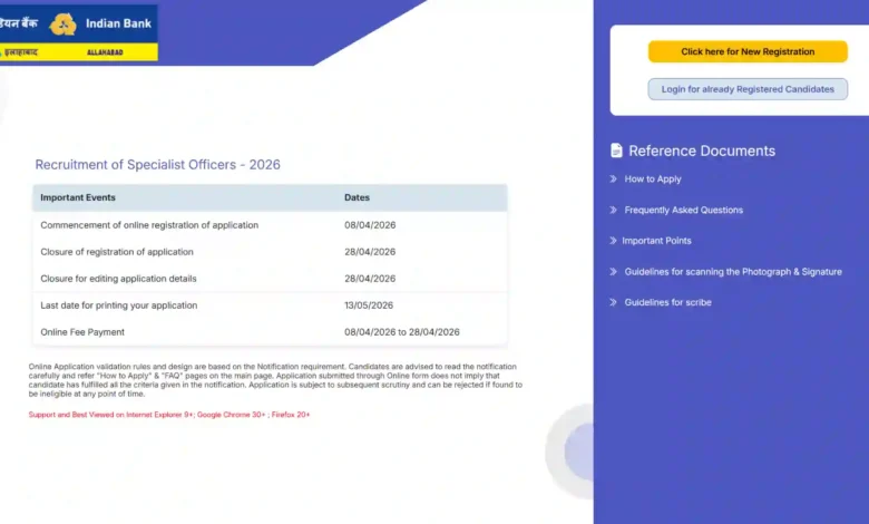 Indian Bank Specialist Officer (SO) Recruitment 2026 Notification Released & Apply Online for 350 Various Posts