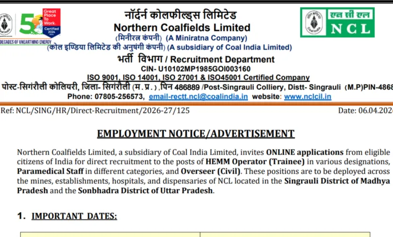 Northern Coalfields Limited (NCL) Recruitment 2026 Notification Released & Apply Online for 577 Various Posts