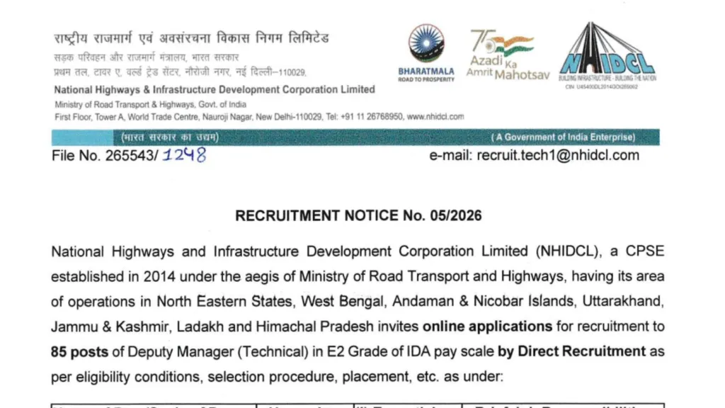 NHIDCL Deputy Manager (Technical) Recruitment 2026 Notification Released & Apply Online for 85 Posts