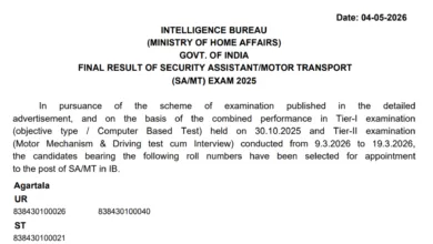 Intelligence Bureau Security Assistant (Motor Transport-455 Posts) Result 2026 Released, Download PDF