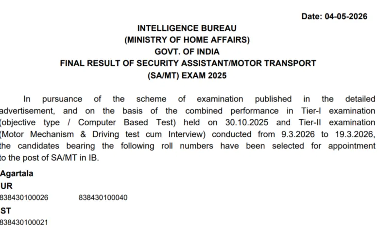 Intelligence Bureau Security Assistant (Motor Transport-455 Posts) Result 2026 Released, Download PDF