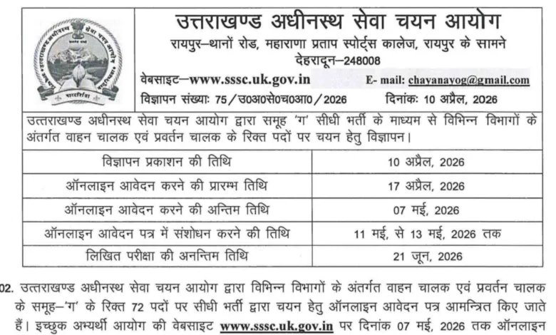 UKSSSC Driver Recruitment 2026 Notification Released & Apply Online for 72 Posts