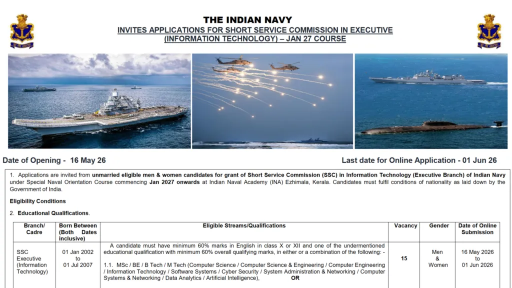 Indian Navy SSC Executive IT Recruitment 2026 Notification Released and Apply Online