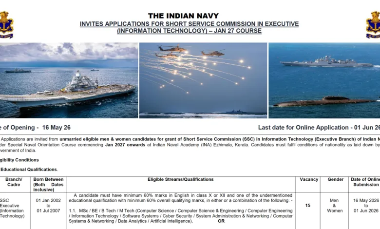 Indian Navy SSC Executive IT Recruitment 2026 Notification Released and Apply Online