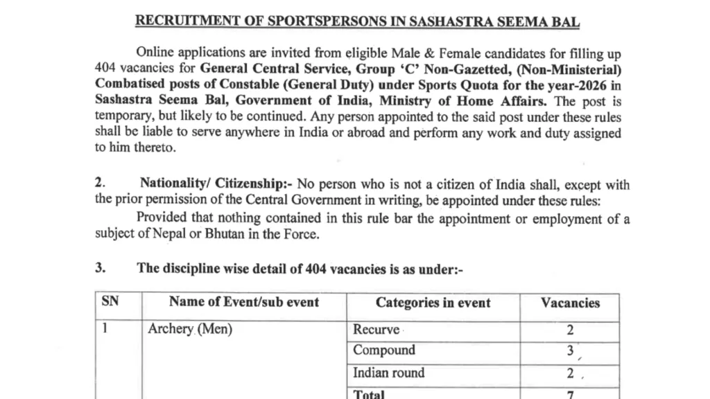 SSB Constable GD (Sports Quota) Recruitment 2026 Notification Released & Apply Online for 404 Posts