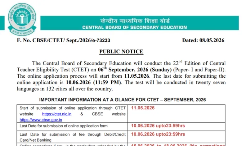 Central Teacher Eligibility Test (CTET) September 2026 Notification Released & Apply Online