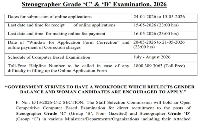 SSC Stenographer Grade C & D Recruitment 2026 Notification Released & Apply Online for 731 Posts