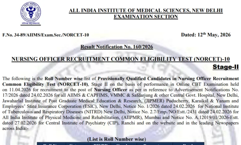 AIIMS NORCET 10th (Nursing Officer-2551 Posts) Result 2026 Released, Download PDF