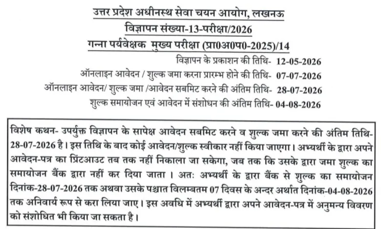 UPSSSC Cane Supervisor Recruitment 2026 Notification Released & Apply Online for 1182 Posts