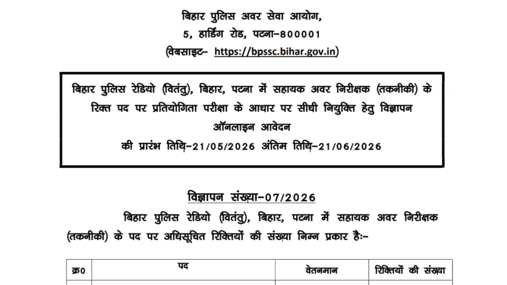 Bihar BPSSC Assistant Sub-Inspector (Technical) Recruitment 2026 Notification Released & Apply Online