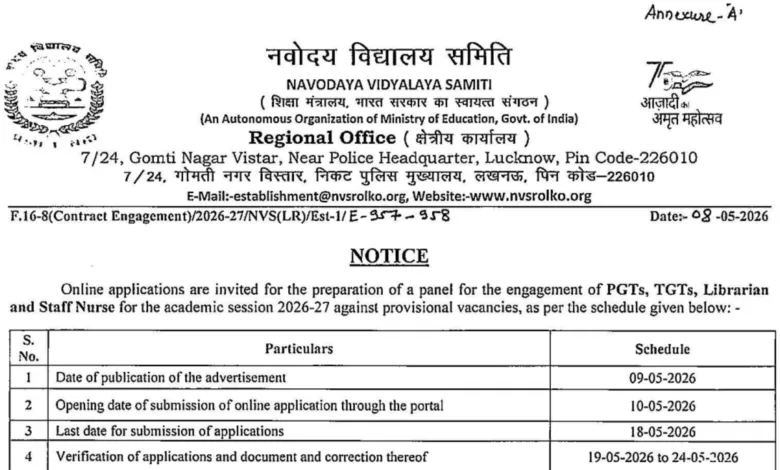 NVS Lucknow Region Contractual Teacher Recruitment 2026 Notification Released & Apply Online