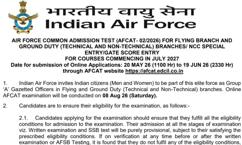 Indian Airforce AFCAT 02/2026 Batch Recruitment 2026 Notification Released & Apply Online for 379 Posts