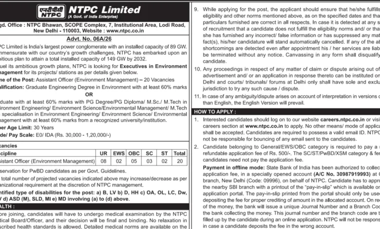 NTPC Assistant Officer (Environment Management) Recruitment 2026 Notification Released & Apply Online