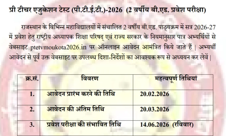Rajasthan PTET 2026 Notification Released, Check Apply Dates & Eligibility Details