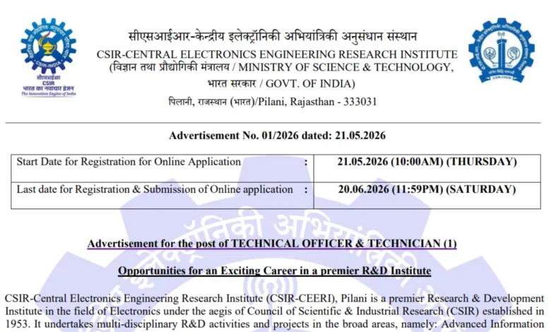 CSIR CEERI Technical Officer & Technician Recruitment 2026 Notification Released, Apply Online