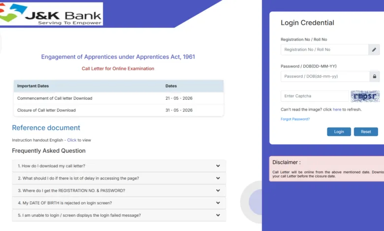 JK Bank Apprentice (614 Posts) Admit Card 2026 Released, Download Link