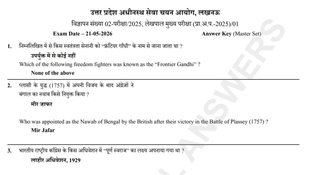 UPSSSC Lekhpal (7994 Posts) Answer Key 2026 Released, Download PDF