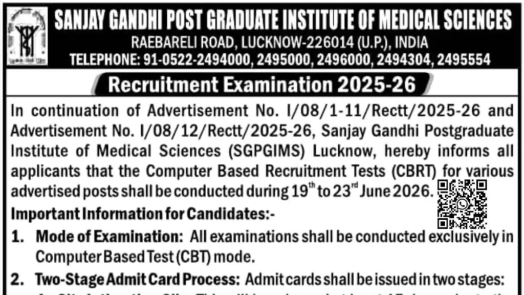 SGPGI Lucknow Nursing Officer and Non Teaching 1479 Posts Exam Date & Admit Card 2026 Released, Check Now