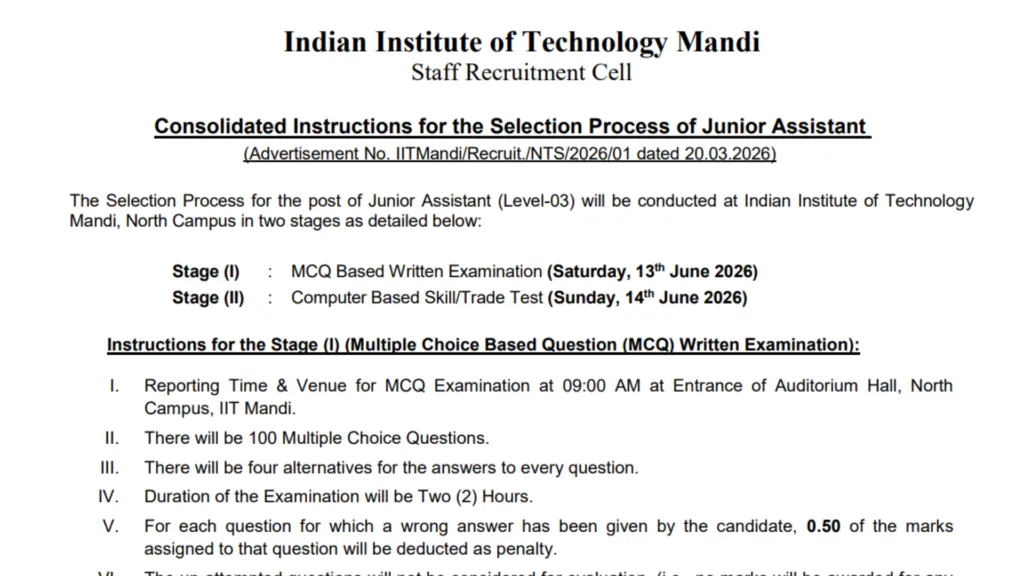 IIT Mandi Junior Assistant Exam Date & Admit Card 2026 Released, Check Now