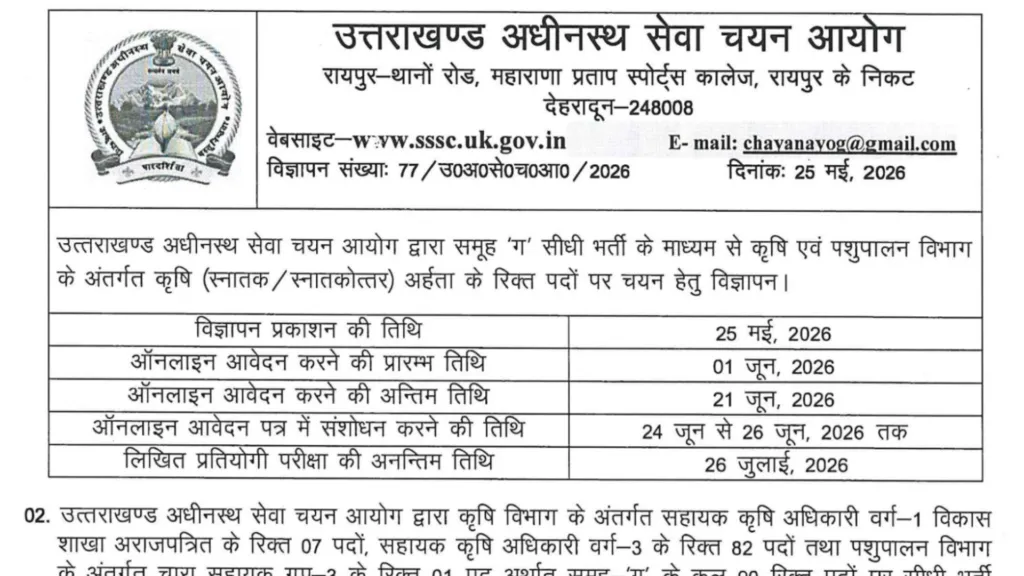 UKSSSC Assistant Agriculture Officer (AAO) Recruitment 2026 Notification Released for 90 Posts, Apply Online