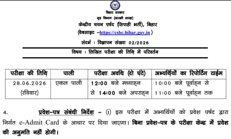 Bihar Police CSBC Constable (Operator-993 Posts) Exam Date & Admit Card 2026 Released, Check Now