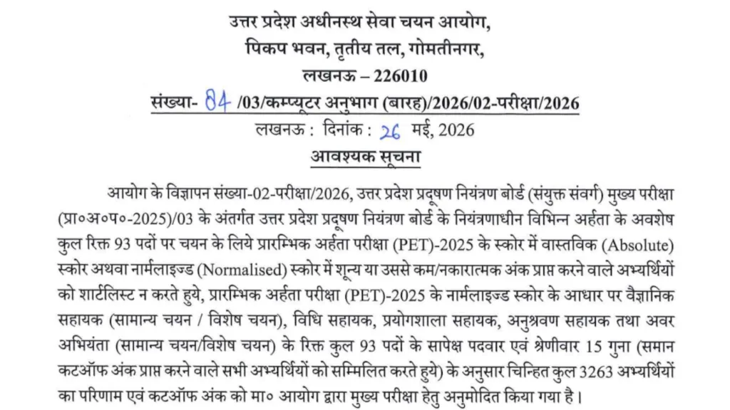 UPSSSC Pollution Control Board Result 2026 Released for 115 Various Posts, Direct Link to Check