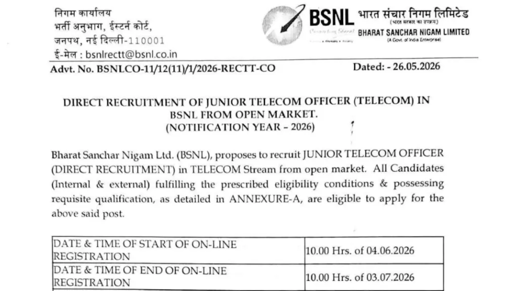 BSNL Junior Telecom Officer (JTO) Recruitment 2026 Notification Released & Apply Online for 100 Posts