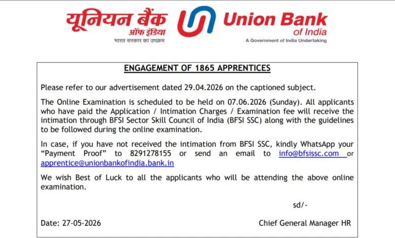 Union Bank of India Apprentice (1865 Posts) Exam Date & Admit Card 2026 Released, Check Now