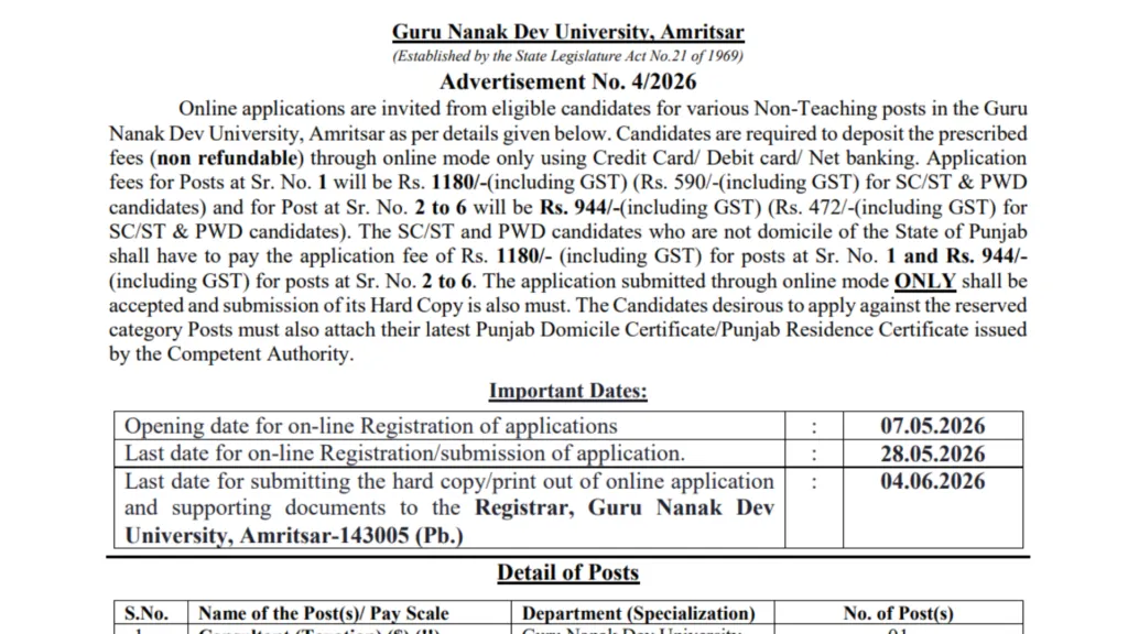 GNDU Non-Teaching Recruitment 2026 Notification Released for Various Posts, Apply Online