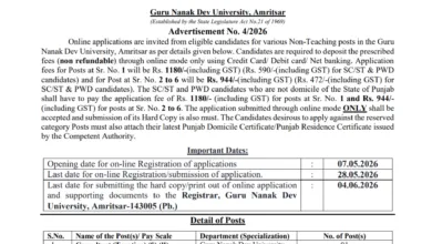GNDU Non-Teaching Recruitment 2026 Notification Released for Various Posts, Apply Online